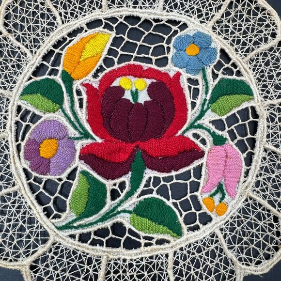 Kalocsa Hungarian Hand Embroidered Doily With Kalocsai Floral Lace Design - Picture 2 of 7